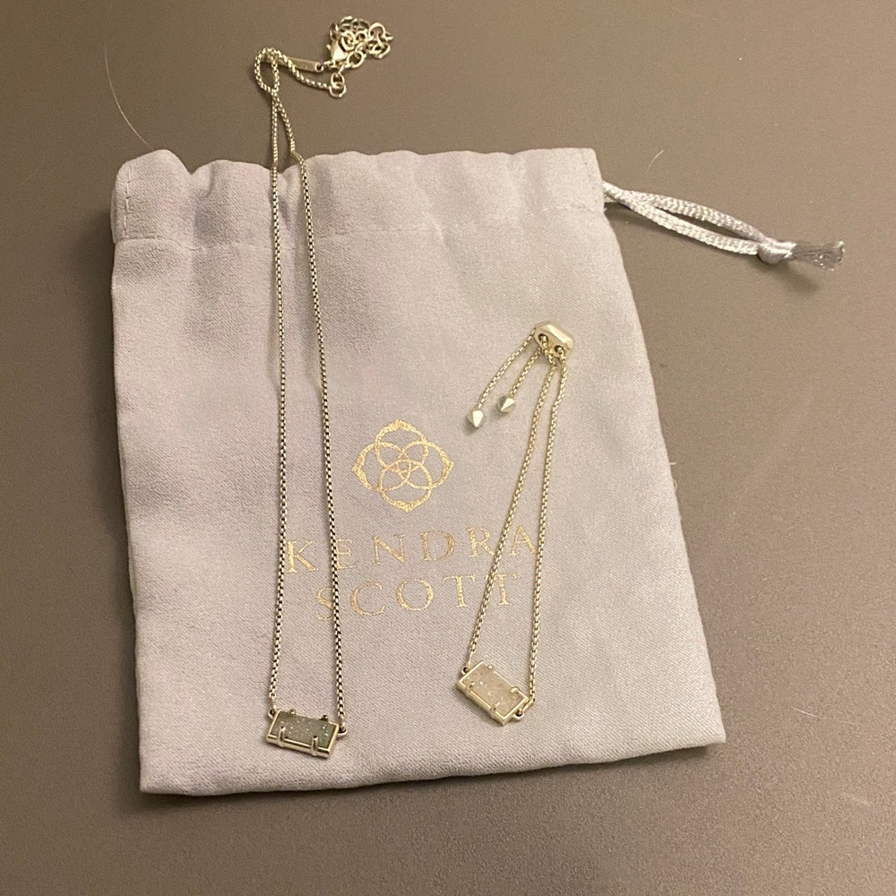 Kendra Scott Light Gold Necklace and Bracelet Set with Irridescent Druzy